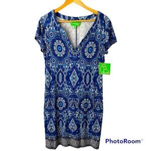 New Pappagallo Women’s Size Small Marine Blue Shift A-Line V-Neck Dress Stretch